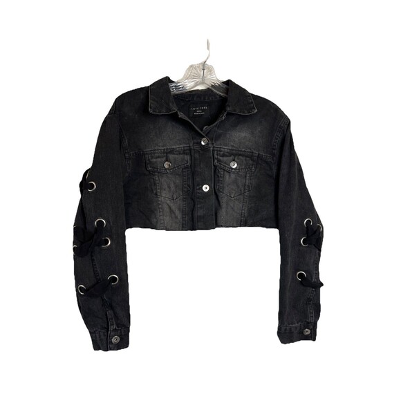 Love Tree Small Black Cropped Lace-Up Jean Jacket Raw Hem - Picture 1 of 7